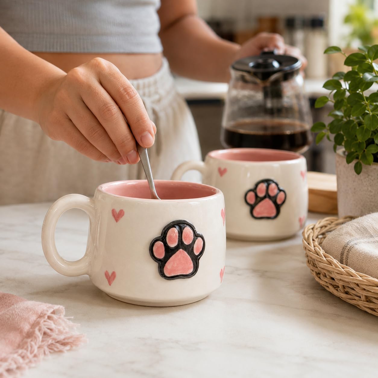 2'li El Yapımı Seramik Kupa Seti, Kedi Desenli Kalp Motifli Stoneware Mug, 200 ml, Kırmızı İçli Doğal Seramik, Çay Kahve Bardağı, Kedi Severlere Hediye (Pembe)