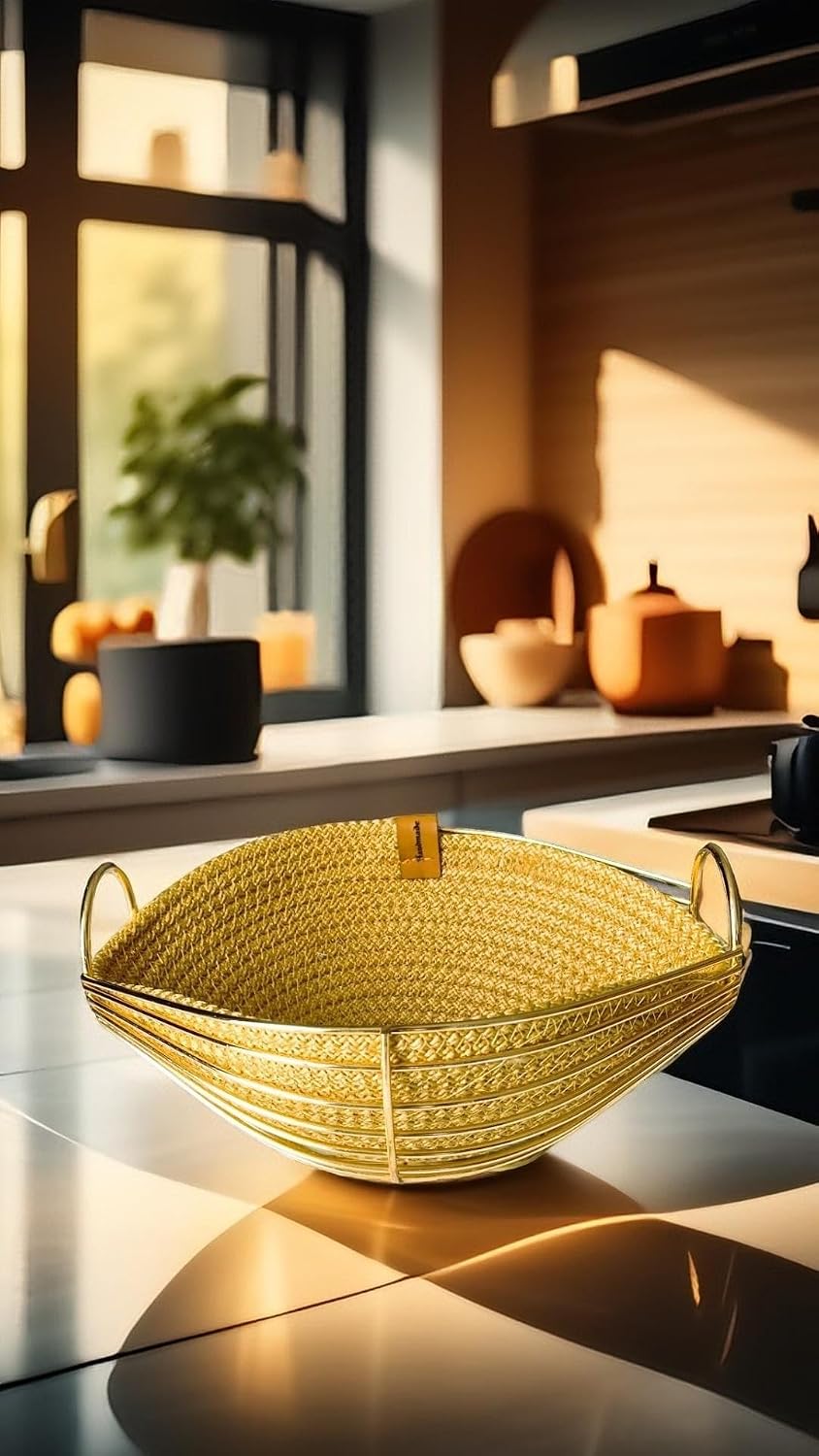 SİNGL Gold Metal Sandal Ekmeklik Ve Meyvelik Lüx Örgü Oval Ekmek Sepeti Sarı