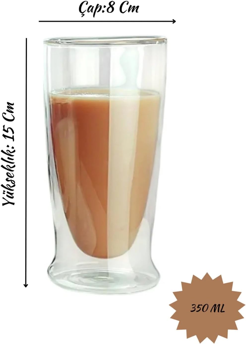 Çift Cidarlı Uzun Model Cam Kokteyl, Meşrubat, Latte, Su Bardağı, 350 ML, 1 Adet - 12323