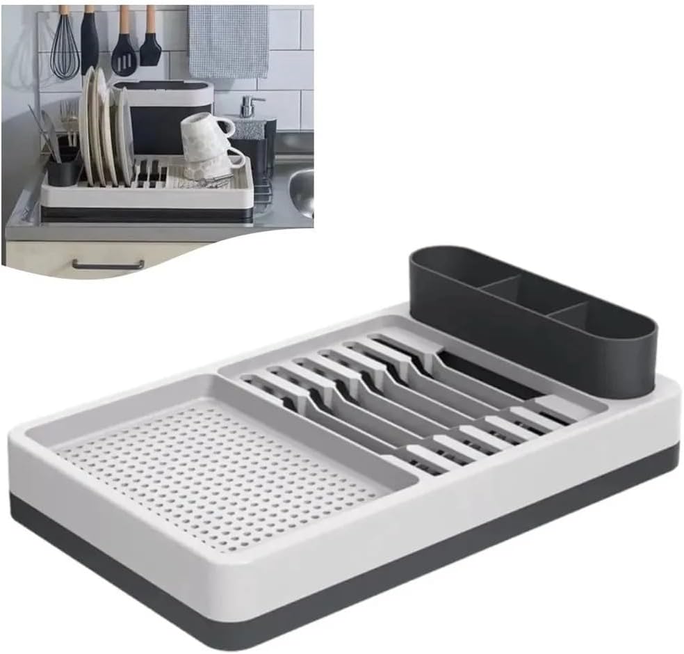 ® Bulaşıklık Tezgah Üstü Tabaklık & Bardaklık – Kaşıklık Bölmeli Mutfak Kurutmalık, Büyük Boy Bulaşık Kurutma Rafı, Damlalıklı Organizer (42x26x12 cm)