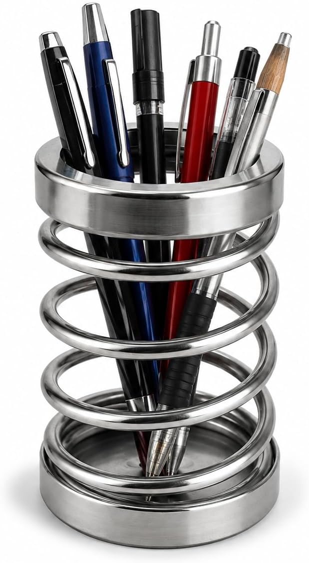 Orret Home Metal Spiral Kalemlik, Paslanmaz Çelik Yay Tasarımlı Masaüstü Kalemlik, Gümüş Ofis Kalem Tutucu, Modern Masa Düzenleyici Organizer, 12 cm