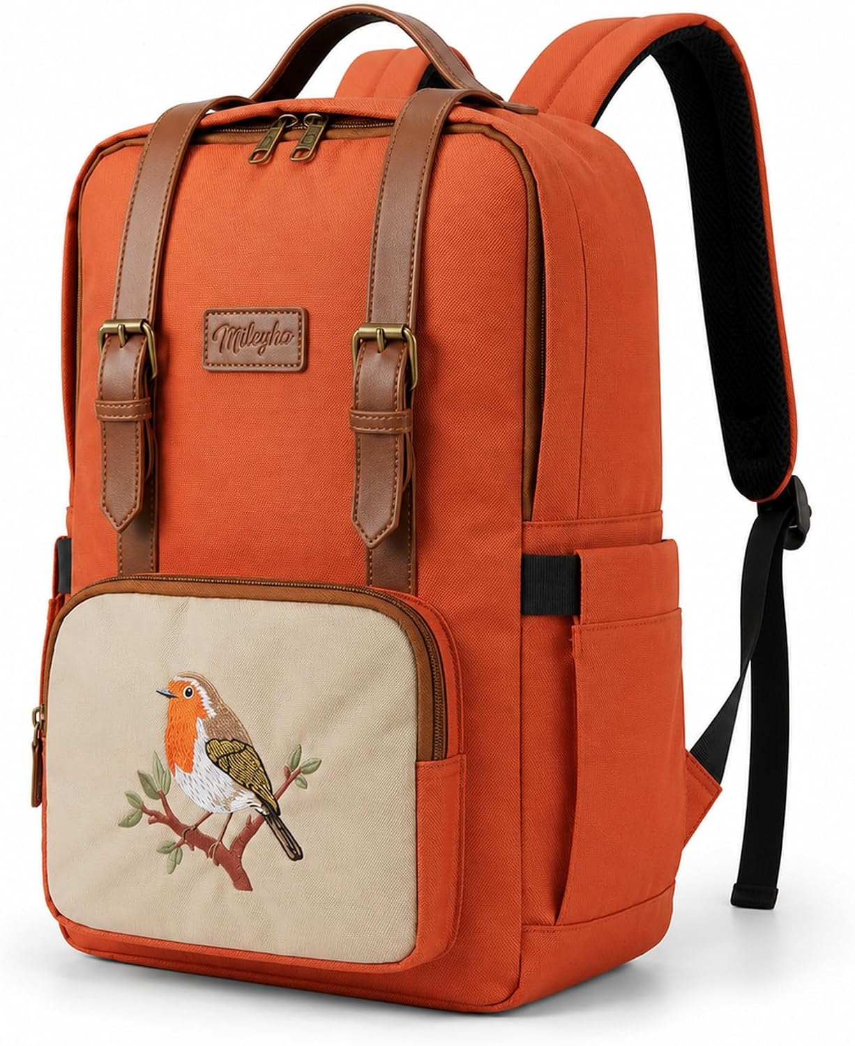 Nakışlı Sırt Çantası, 15L, Laptop Bölmeli, Suni Deri Detaylı, Kuş Desenli, Unisex
