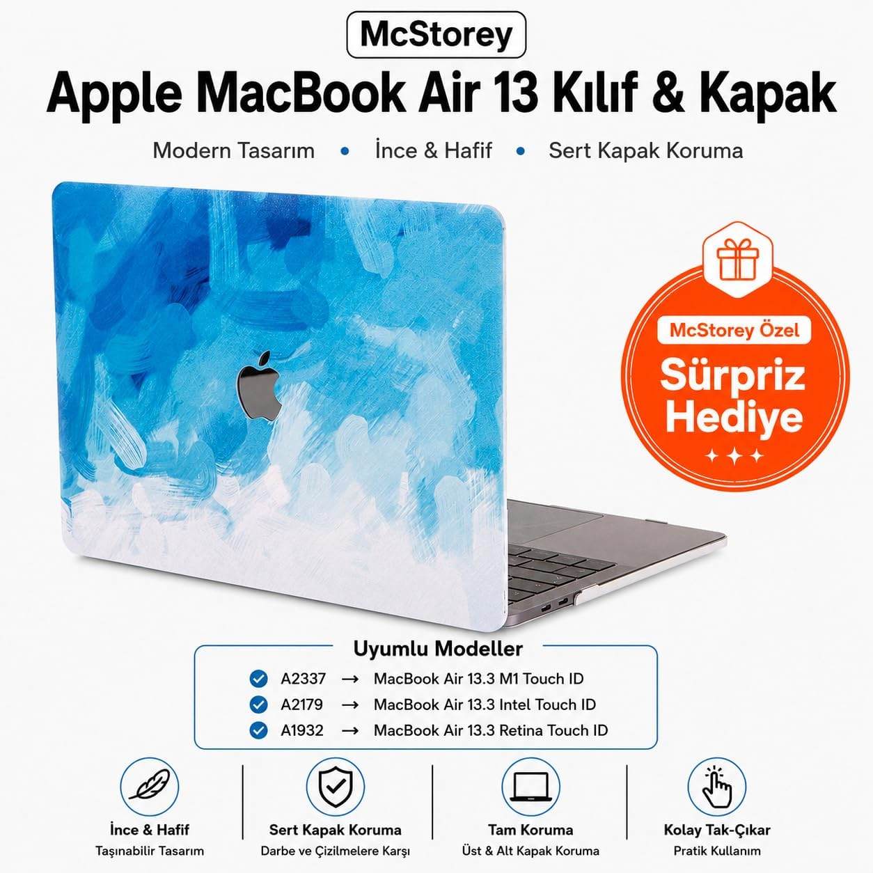 MacBook Air 13 İnç Kılıf A2337 M1 A2179 A1932 Uyumlu Hard Case Sert Kapak Suluboya Desenli UV Baskılı Koruyucu Kılıf İnce Hafif Laptop Kılıfı Açık Mavi