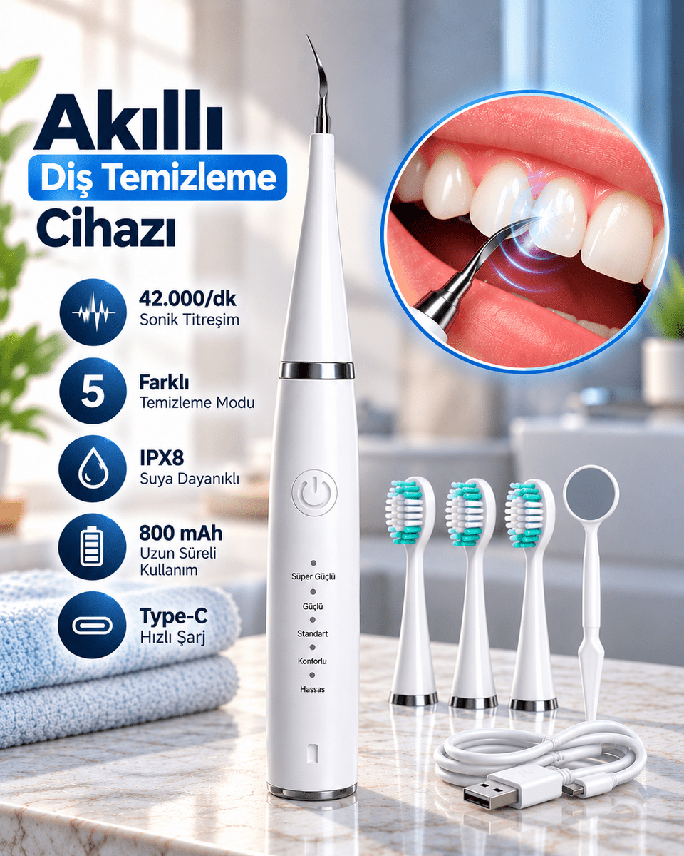 1. Taşınabilir Akıllı Diş Temizleme Cihazı Ayarlanabilir 5 Kademe Type C Şarjlı Sonic Temizleme