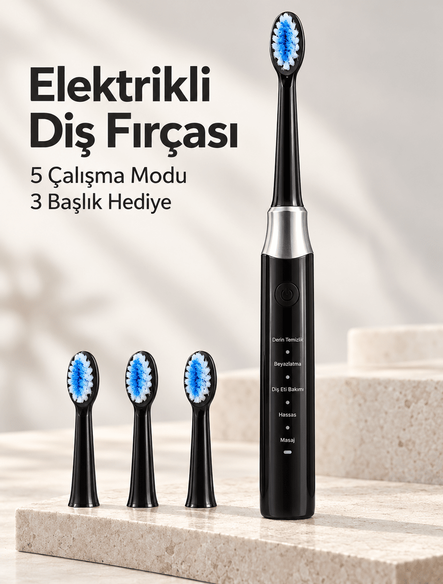 Hassas ve Masaj Modlu Siyah Elektrikli Diş Fırçası USB Şarjlı 3 Başlık Hediyeli