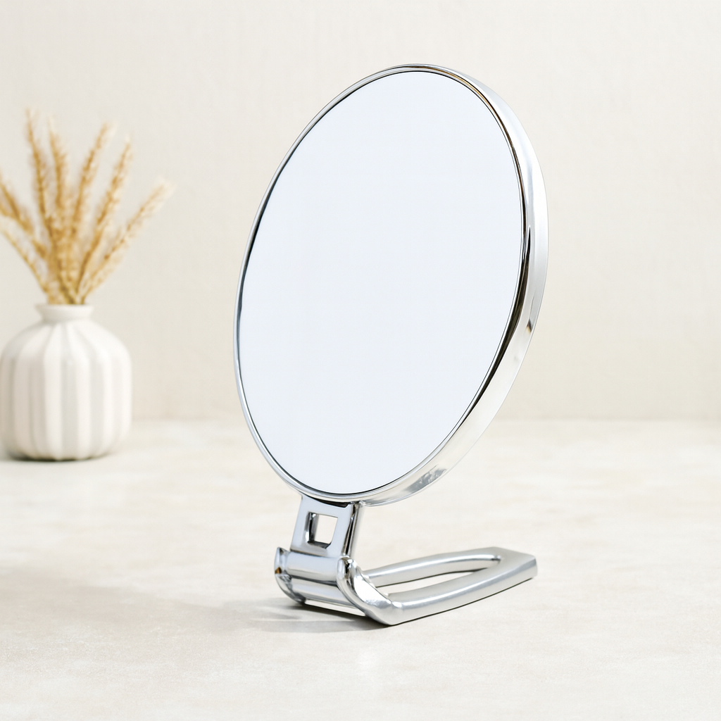 Oval Çift Taraflı Makyaj Aynası (16.5x13 cm) Katlanır Ayaklı Gümüş