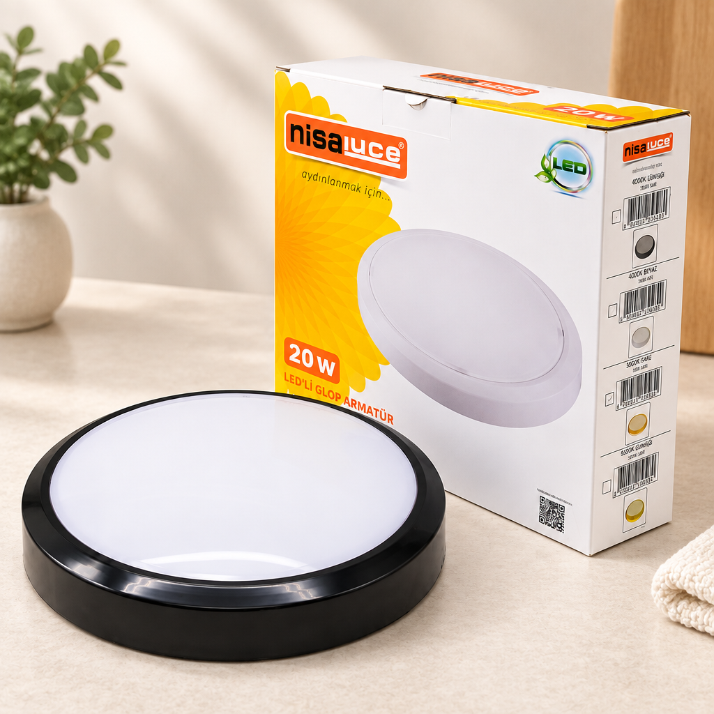 20W LED Glop Armatür Sıva Üstü Yuvarlak Siyah 6500K 1800Lm IP20