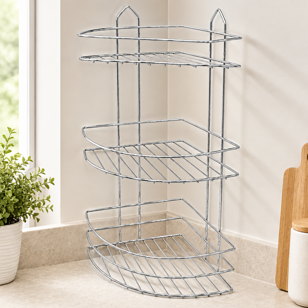 Üç Katlı Üçgen Metal Banyo Köşeliği Krom