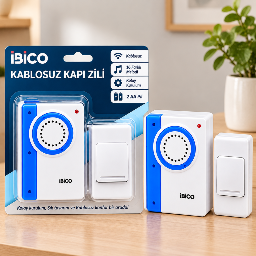 Kablosuz pilli kapı zili - 16 melodi, 50m menzil