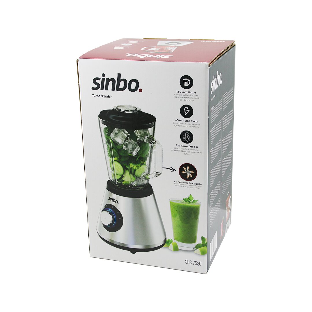 Turbo Doğrayıcı Blender Buz Kırıcı 6LI Bıçak=paslanmaz Çelik - 1.5LT Cam Hazne 2 Kademe Hız 400W 18000 Devir/dk HAZNE=1.6LT SHB-7520
