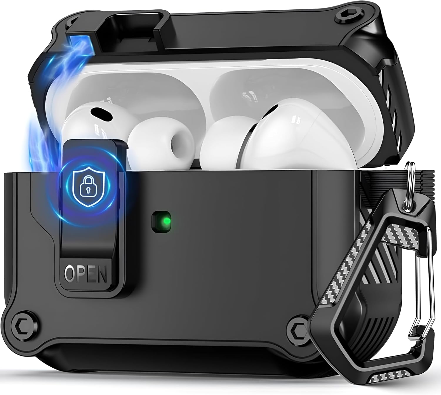 Airpods Pro 3 ile Uyumlu Manyetik Kilitli Zırhlı Kılıf - Darbeye Dayanıklı Koruyucu Kapak - Karabinalı Endüstriyel Tasarım