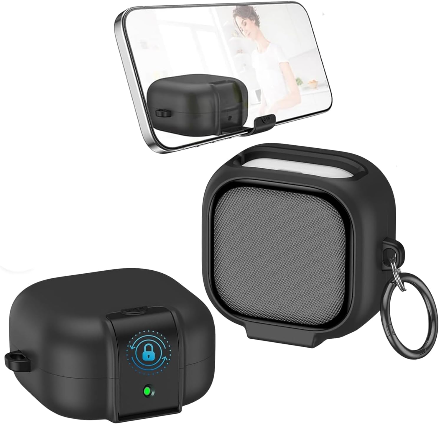 Samsung Galaxy Buds 4 için ve Buds 4 Pro ile Uyumlu Kılıf Güvenlik Kilitli Panzer Telefon Standlı Kulaklık Koruyucu Kapak Anahtarlıklı Kaymaz Soft Dokulu (Siyah, Galaxy Buds 4 Pro)