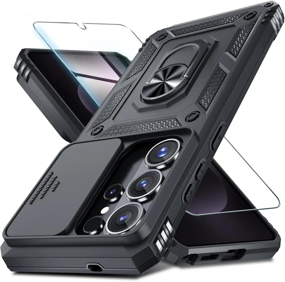 Samsung Galaxy S25 Fe Uyumlu Kılıf – Kamera Korumalı Sürgülü Yüzüklü Armor Zırh Kapak + 9H Ekran Koruyucu Set (Samsung Galaxy S25 Fe)