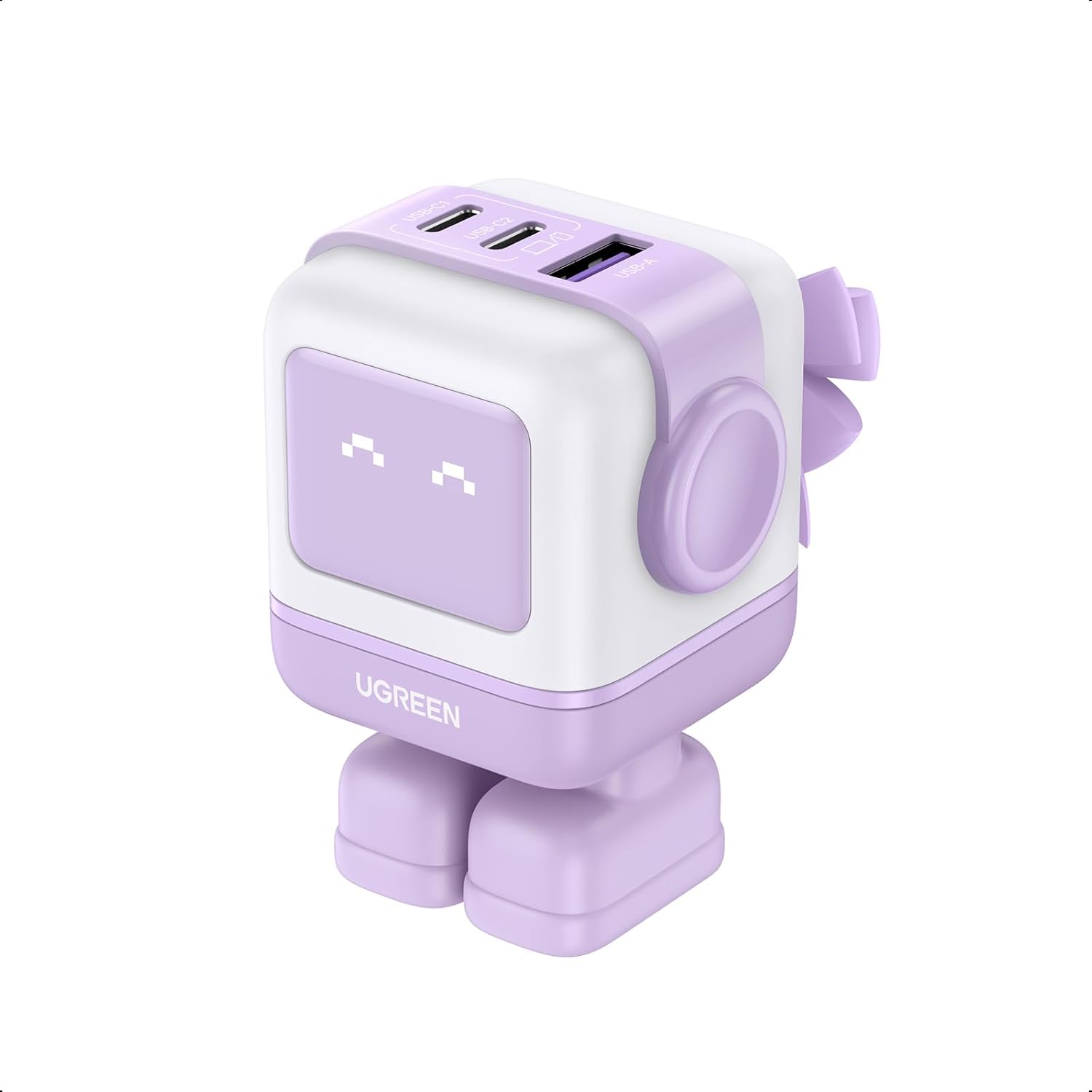 Nexode RG 65W RobotGaN Şarj Cihazı USB C Güç Kaynağı MacBook Pro/Air, iPad, iPhone 15 Pro Max, Galaxy S24 Ultra, Steam Deck ile uyumlu 3-Port Hızlı Şarj Cihazı LED (Mor)