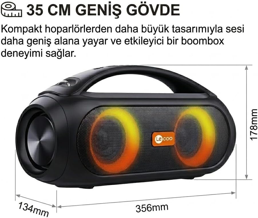 DS152 35 cm Büyük Boy Boombox Bluetooth Hoparlör 36W, Çift 3” Subwoofer, RGB Aydınlatma, IPX5 Suya Dayanıklı, TWS Stereo, Powerbank Özellikli