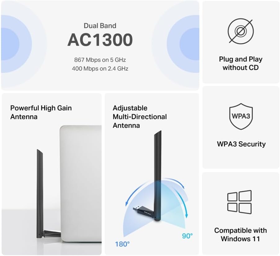 MA30H, AC1300 Mbps, Çift Bant, USB 3.0, Yüksek Çekim Güçlü Wi-Fi 5 USB Adaptör