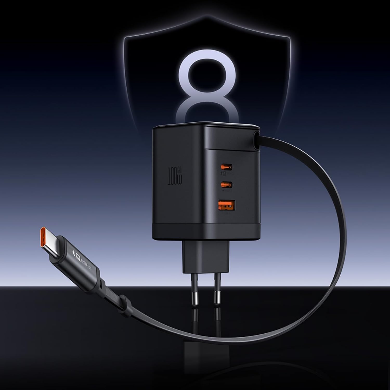 CH-8470 FreeGo 100W Geri Çekilebilir Kablolu 3C1A GaN Şarj Adaptörü