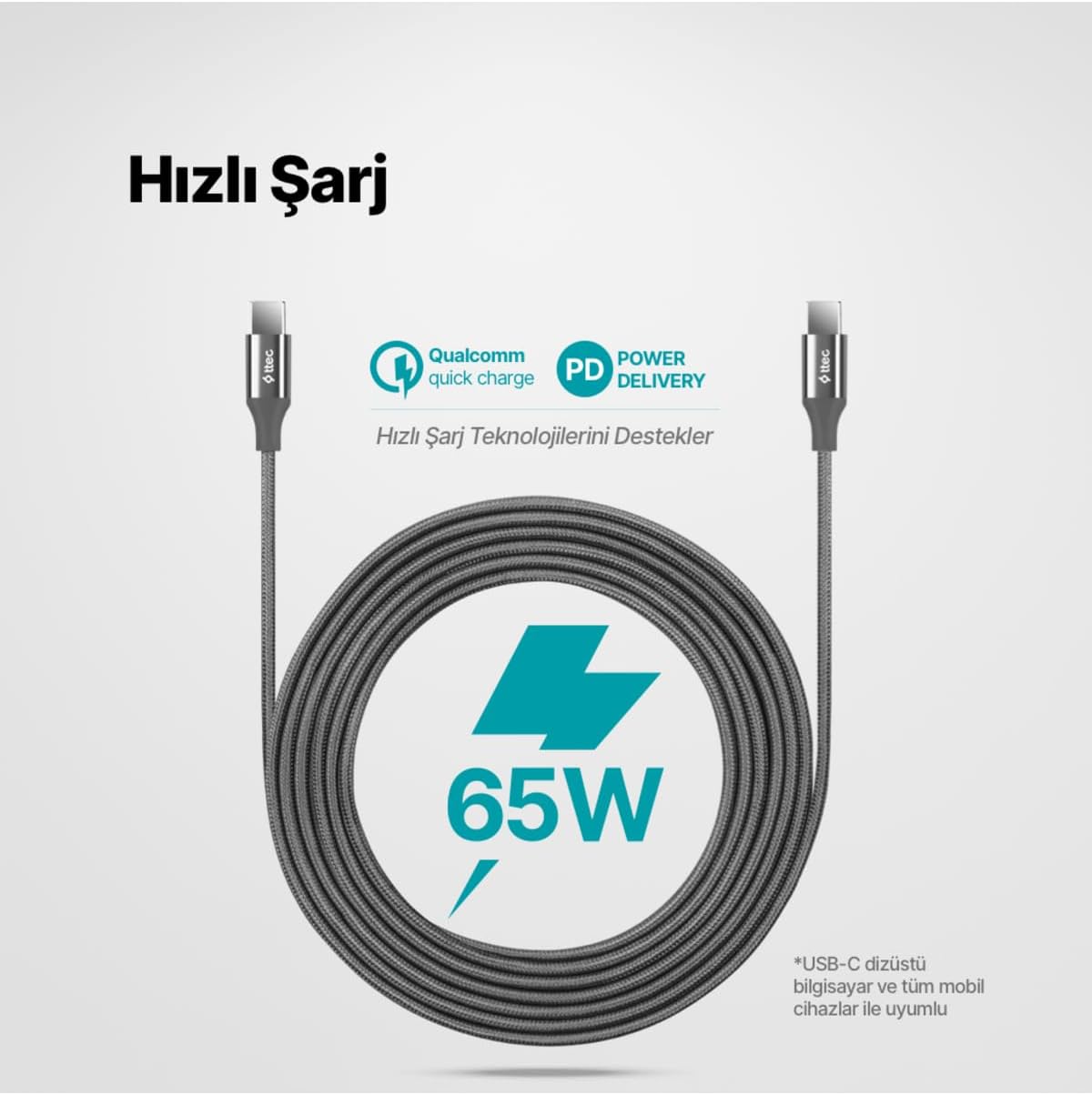 AlumiCable USB-C - USB-C 300cm 60W PD/QC Hızlı Şarj/Data Kablosu Uzay Grisi