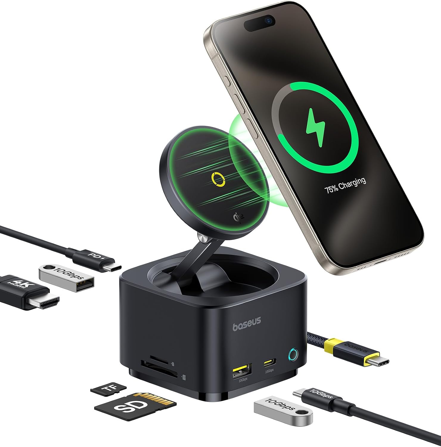 MagPro Series II 7in1 USB C Hub, 15W Qi2 Manyetik Kablosuz Şarj Standlı, 4K 60Hz HDMI, 100W PD Şarj, 10Gbps USB-A ve USB-C, SD/TF Kart Okuyucu, MacBook, iPhone, iPad, Laptop Uyumlu, Siyah