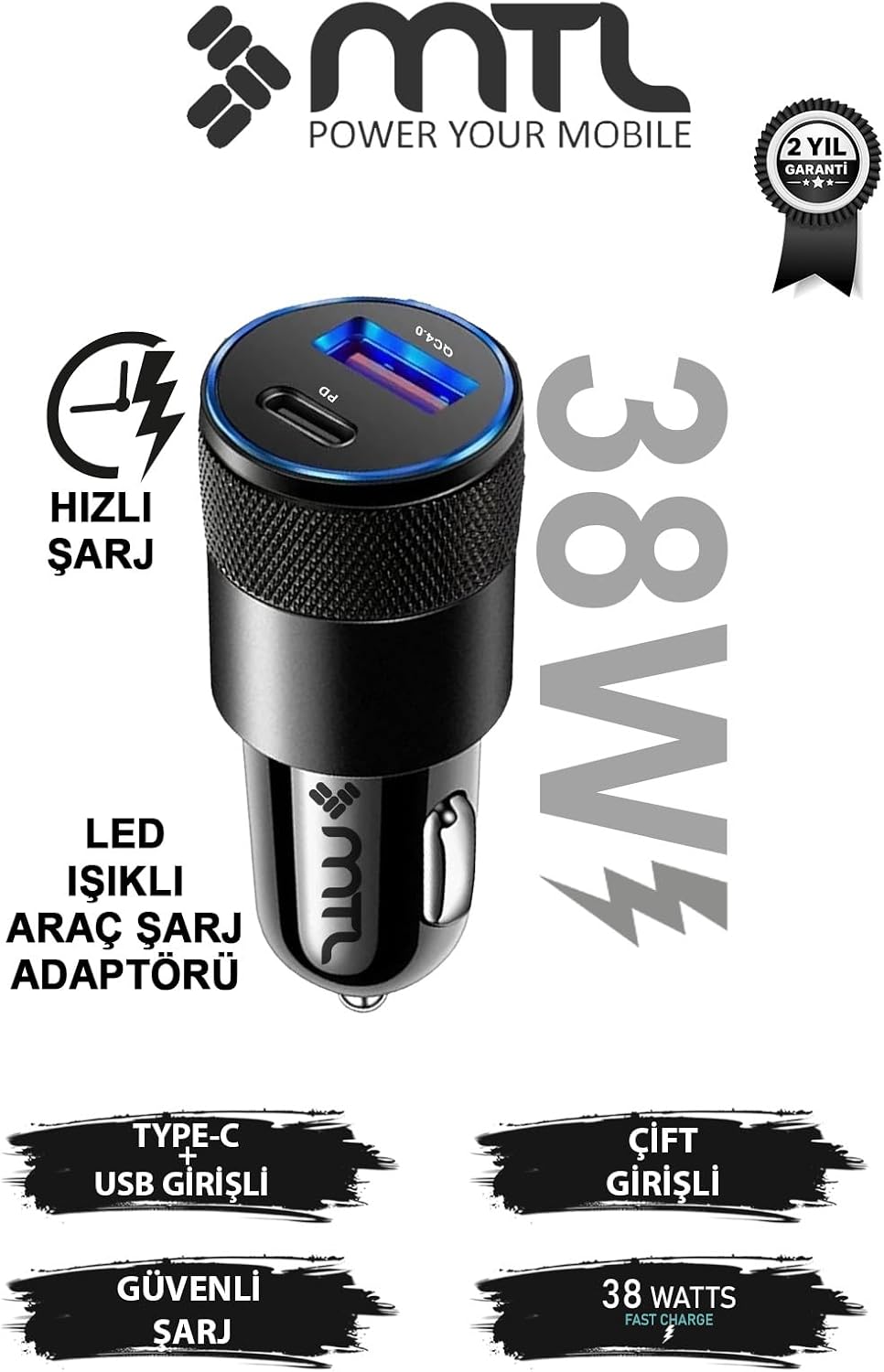 Araç Şarj Aleti Çakmaklık 38W Type-C + USB Çift Portlu - Qualcomm QC 4.0 Desteği MT-A1833 Siyah ile uyumlu
