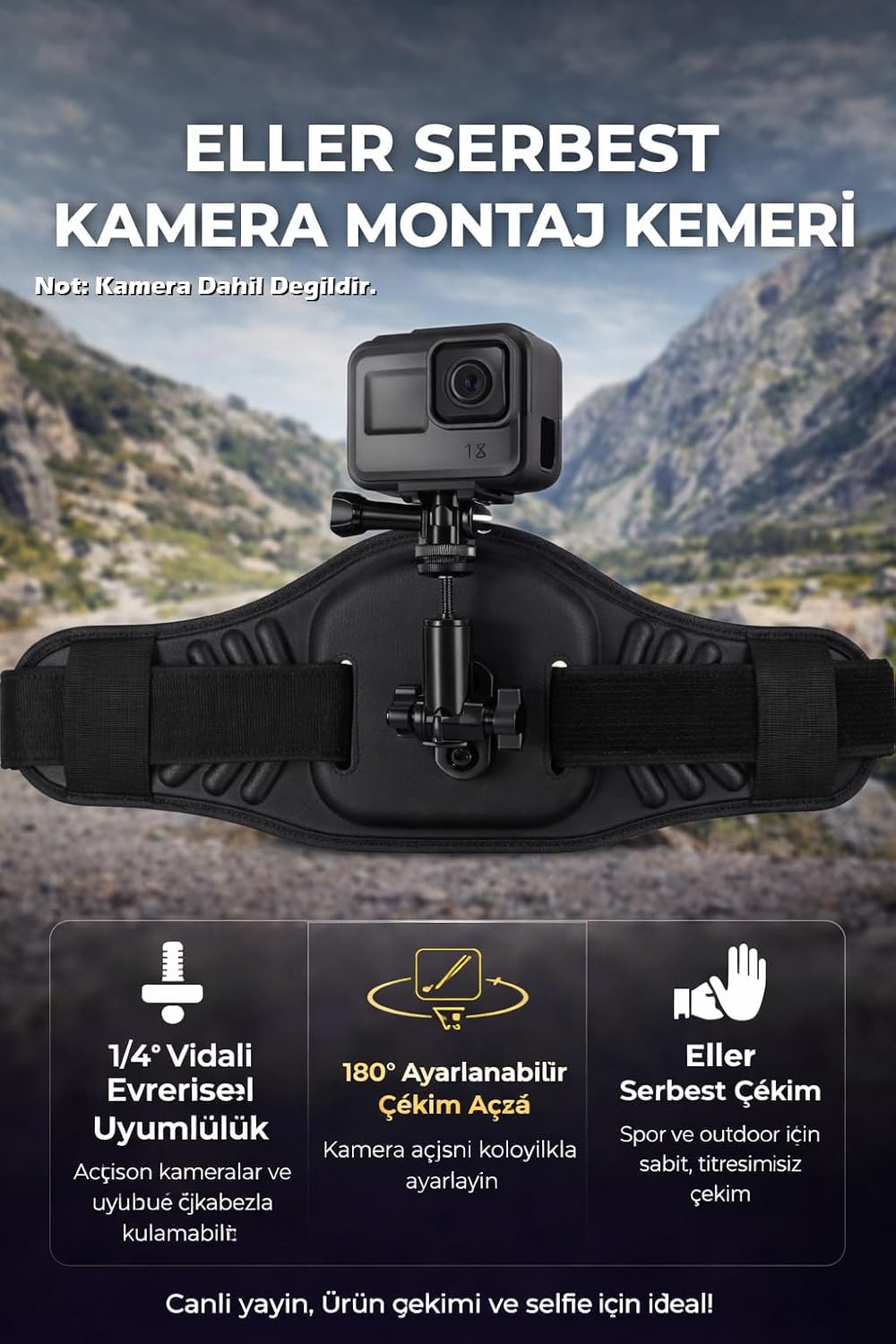 Aksiyon Kamera Bel Kemeri, Extreme Sporlar,Bisiklet,Gezi,Vlog,Şehir içi, 1/4” Vida, 180° Ayarlanabilir Gövde, Sabit POV Çekim, Siyah