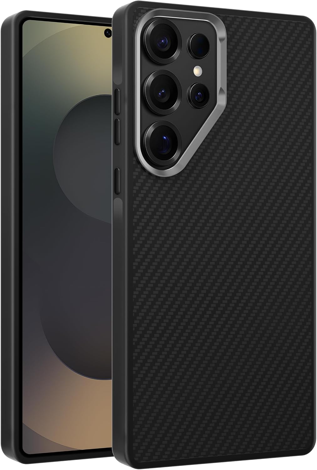 Samsung Galaxy S25 Ultra için Karbon Serisi Ultra Güçlü Metal Tuşlu ve Lens Çerçeveli Darbe Emici Karbon Fiber Görünümlü Silikon Kılıf (Siyah, Galaxy S25 Ultra)