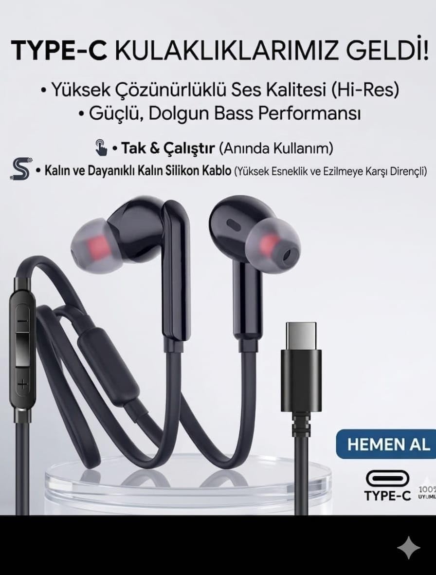 SİYAH SİLİKON KABLOLU TYPE C KULAKLIK TÜM TYPEC ÇIKIŞLI CİHAZLARA UYUMLU TAK ÇALIŞTIR tüm cihazlara uygun, BLUETOOTH GEREKMEZ MÜKEMEL SES BASS TİZ MİKROFON AAA KALİTE !!!!!!