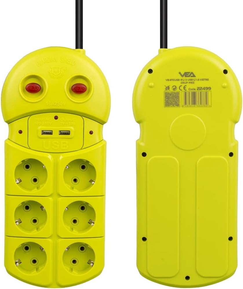 Parcbeny 22499 970USB Vea Serisi 6'LI 1.5 METRE 2 USB Lİ GRUP PRİZ 2 ADET AÇMA KAPAMA TUŞLU AKIM KORUMALI PRİZ