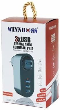 Winnboss Model-3400 Termal Akım Korumalı 1 Priz 3 USB Duvar Tipi Priz, CHRMK7558