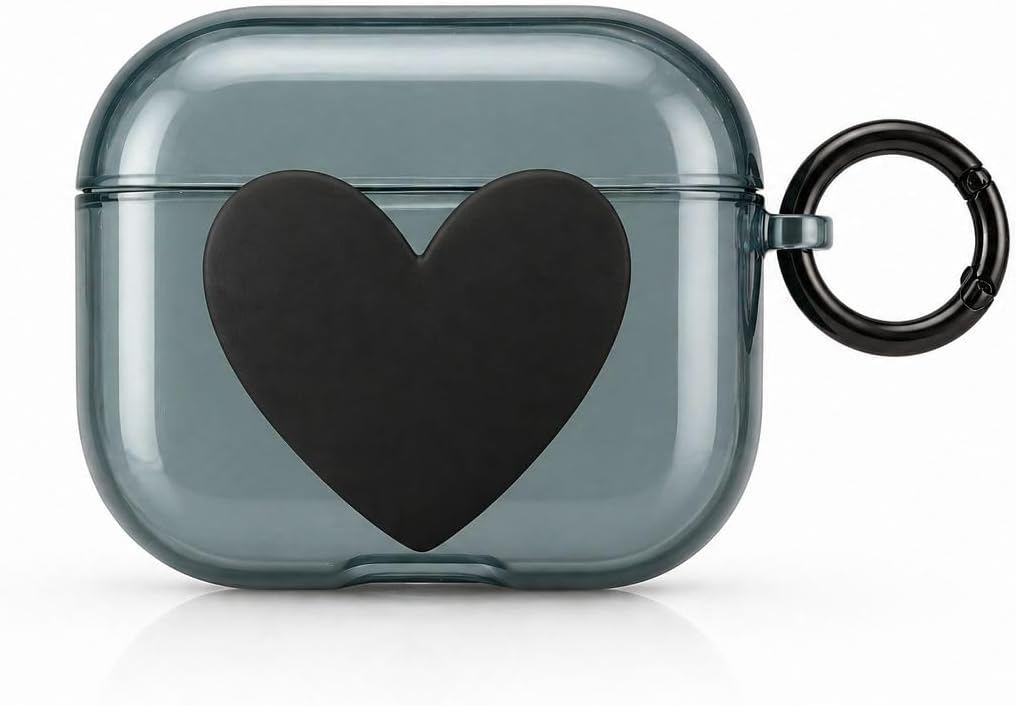 Esnek Silikon Desenli AirPods 4 Uyumlu Desenli Silikon Kılıf - Darbe Emici Esnek Yapı, Metal Karabinalı (Siyah Kalp, Airpods 4)