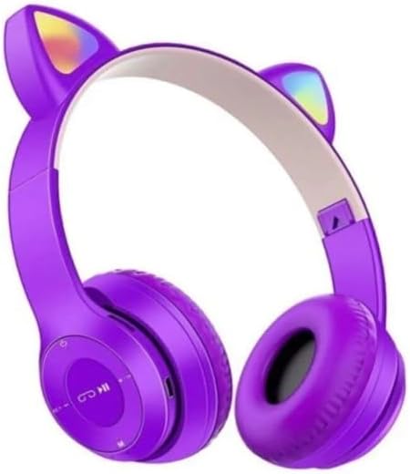 P47M Bluetooth 5.0 Kablosuz Işıklı Kedi Kulaklık Kulak Üstü Kulaklık (Mor)