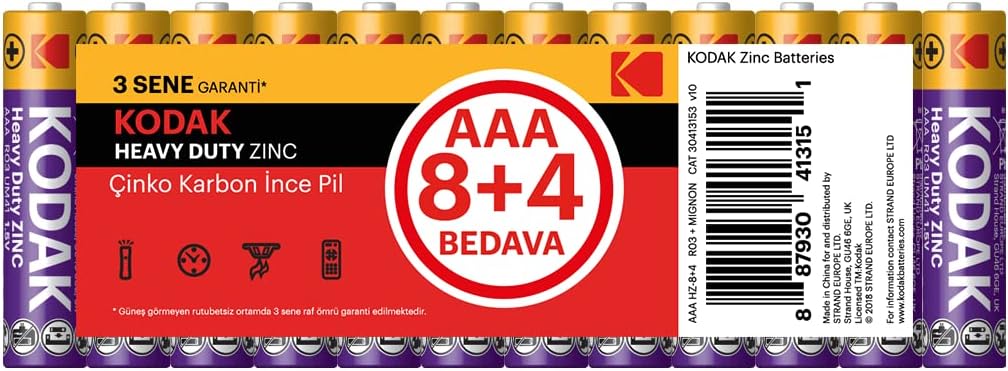 Kodak 12 Adet Çinko Karbon ince Pil (AAA) - 30413153