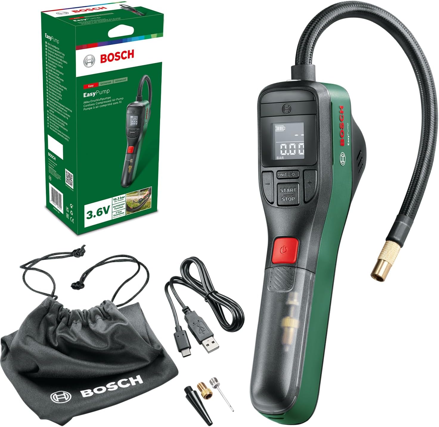 Home and Garden Easypump Elektrikli Hava Pompası Mini Kompresör, 3.0 Ah Akü, 3.6 V, Otomatik Durdurma Fonksiyonu, 150 Psi, 10.3 Bar, Led, Usb-C Şarj, Yeşil