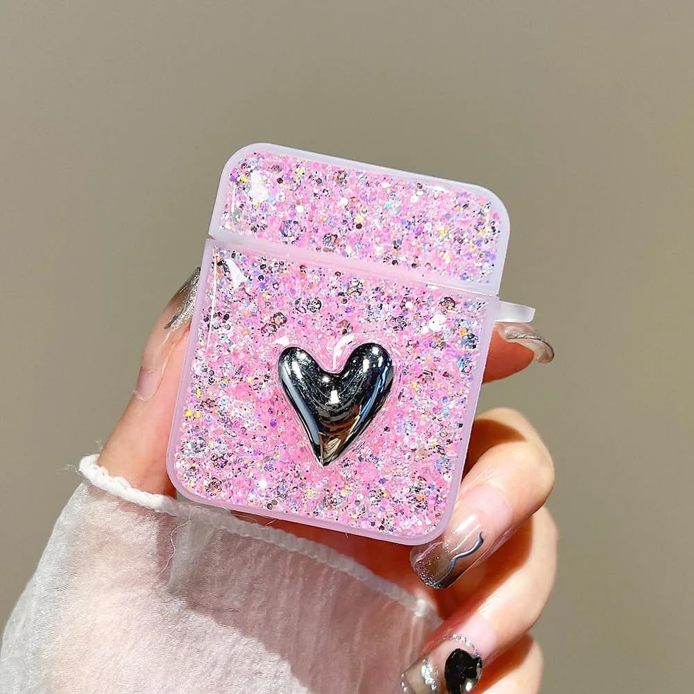 AirPods 1. Nesil / 2. Nesil için Kılıf Glitter Shiny Pembe [AirPods 1/2 ile Uyumlu Kılıf - Pembe]