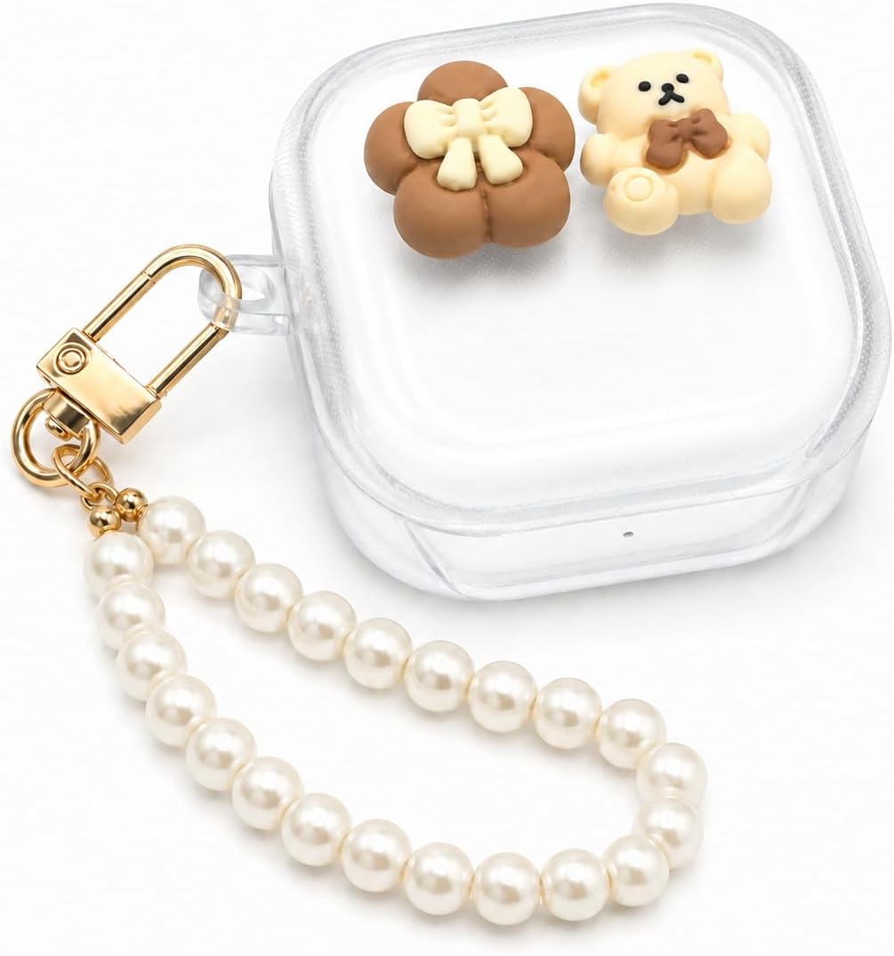 Samsung Galaxy Buds 4 / Buds 4 Pro ile Uyumlu Teddy 3D Ayıcıklı Şeffaf Kulaklık Kılıfı – İnci Askılı, Altın Renk Karabinalı, Çiçek Figürlü Koruyucu Kulaklık Kabı