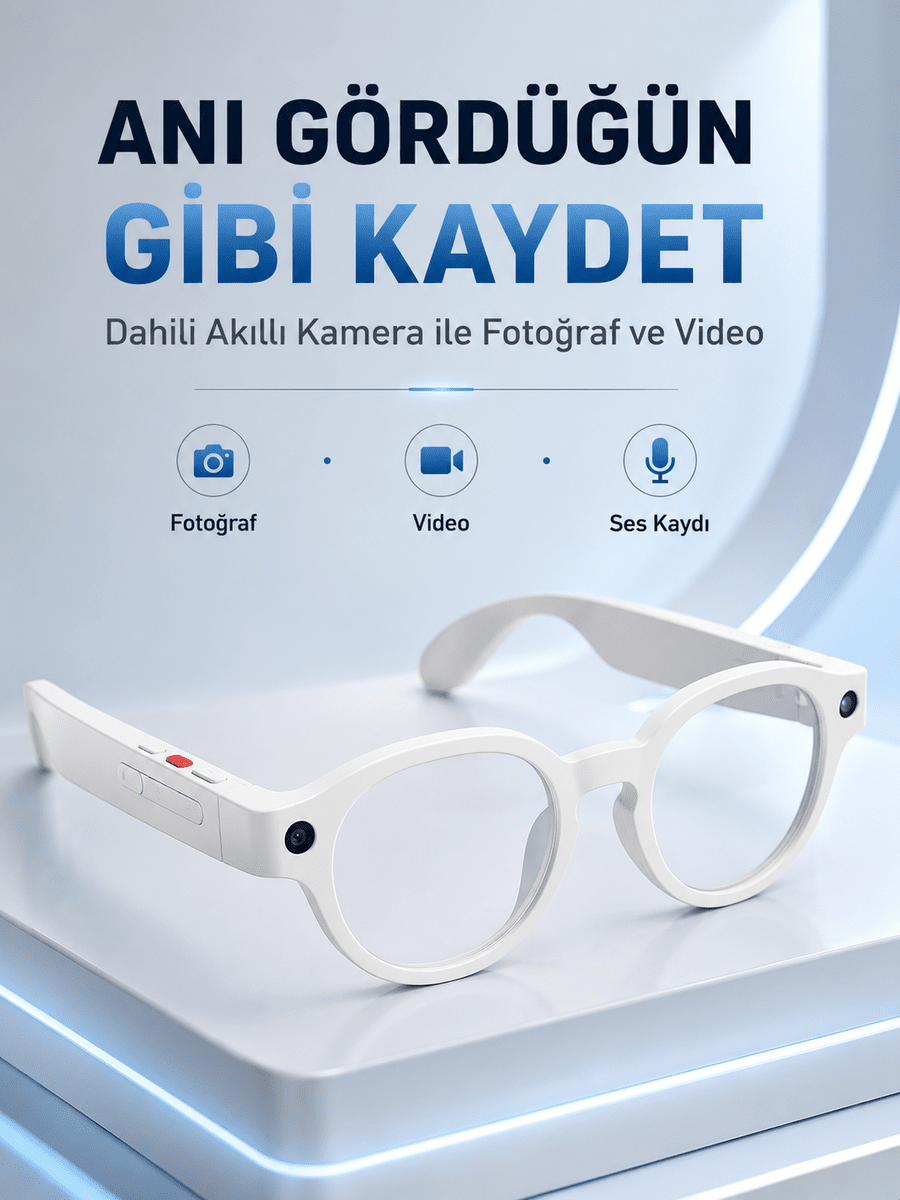 Beyaz Bluetooth Akıllı Gözlük Dahili Kameralı Fotoğraf Video Kayıt Yapay Zeka Çeviri Dokunmatik Kontrol Özellikli