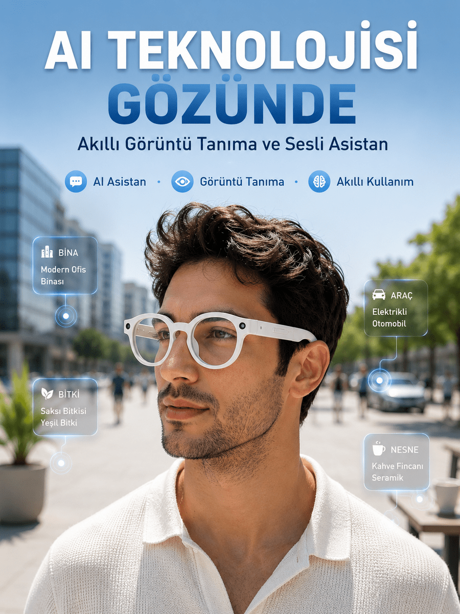 Beyaz 3 Lensli Akıllı Kamera Gözlüğü Yapay Zeka Sesli Asistan Görüntü Tanıma Bluetooth Görüşme ve Müzik Özellikli