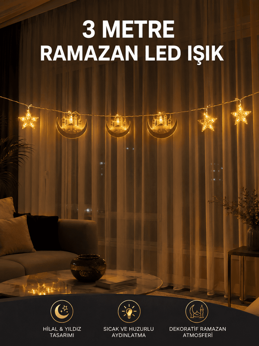 3 Metre Ramazan LED Saçak Işık Ev İçi Dekoratif Aydınlatma