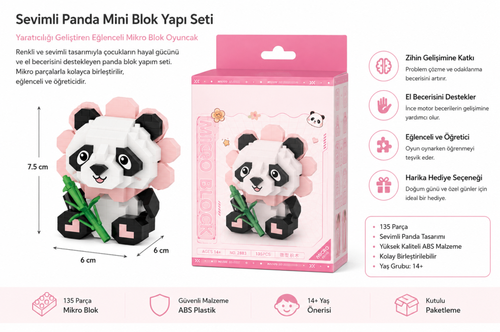 Oturan Sevimli Çiçek Panda 350 Parça Block Oyuncak