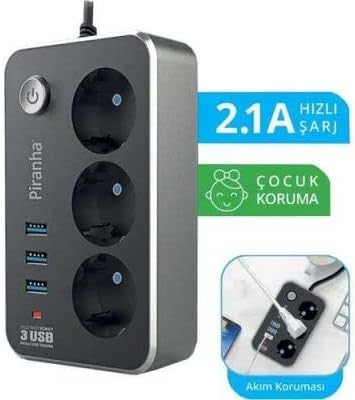 3396 3LÜ PRİZ 3 USB GİRİŞLİ 2MT. AKIM KORUMALI