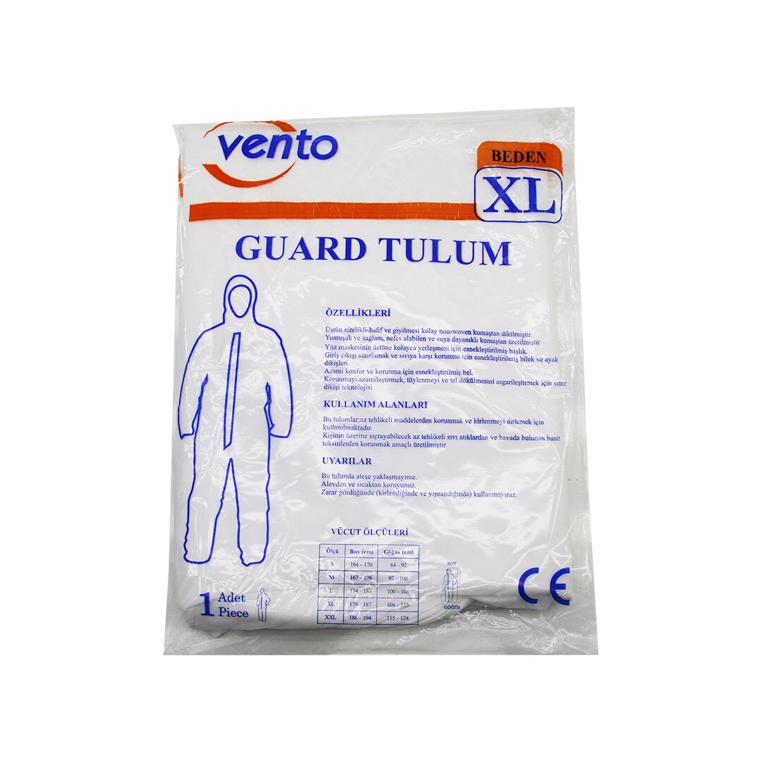 Vento Xl Guard Koruyucu Tulum Beyaz - Hafif - Non-woven Kumaş Boy: 179-187CM - Göğüs: 108-115CM