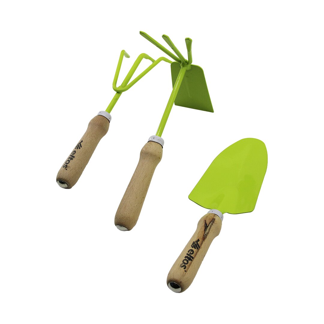ELTOS EBS-003 3PCS BAHÇE HOBİ SETİ RENKLİ METAL ÇİFT BAŞLI ÇAPA - 3 DİŞLİ TIRMIK - KÜREK AHŞAP SAPLI