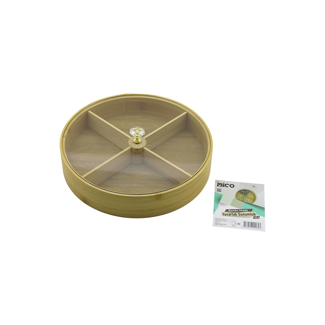 YUVARLAK 4 BÖLMELİ=2IN1=BÖLMESİZ ÇOK AMAÇLI KUTU AHŞAP BAMBU SERVİS SUNUM TEPSİ - TAHTASI 22CM