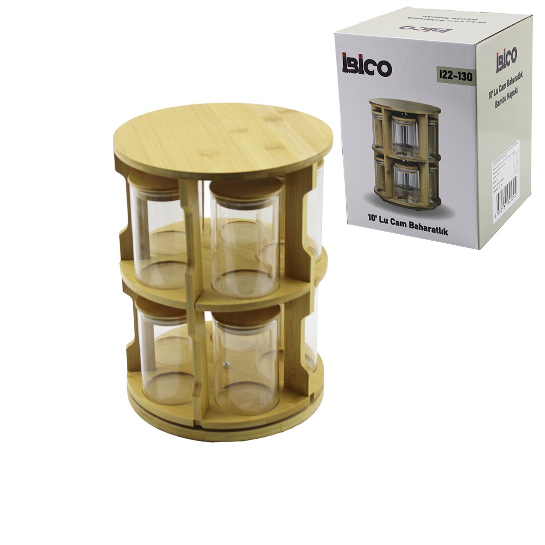 10 PCS YUVARLAK - DÖNER STANDLI CAM - BAMBU KAPAK TUZLUK - BAHARATLIK BAMBU STAND