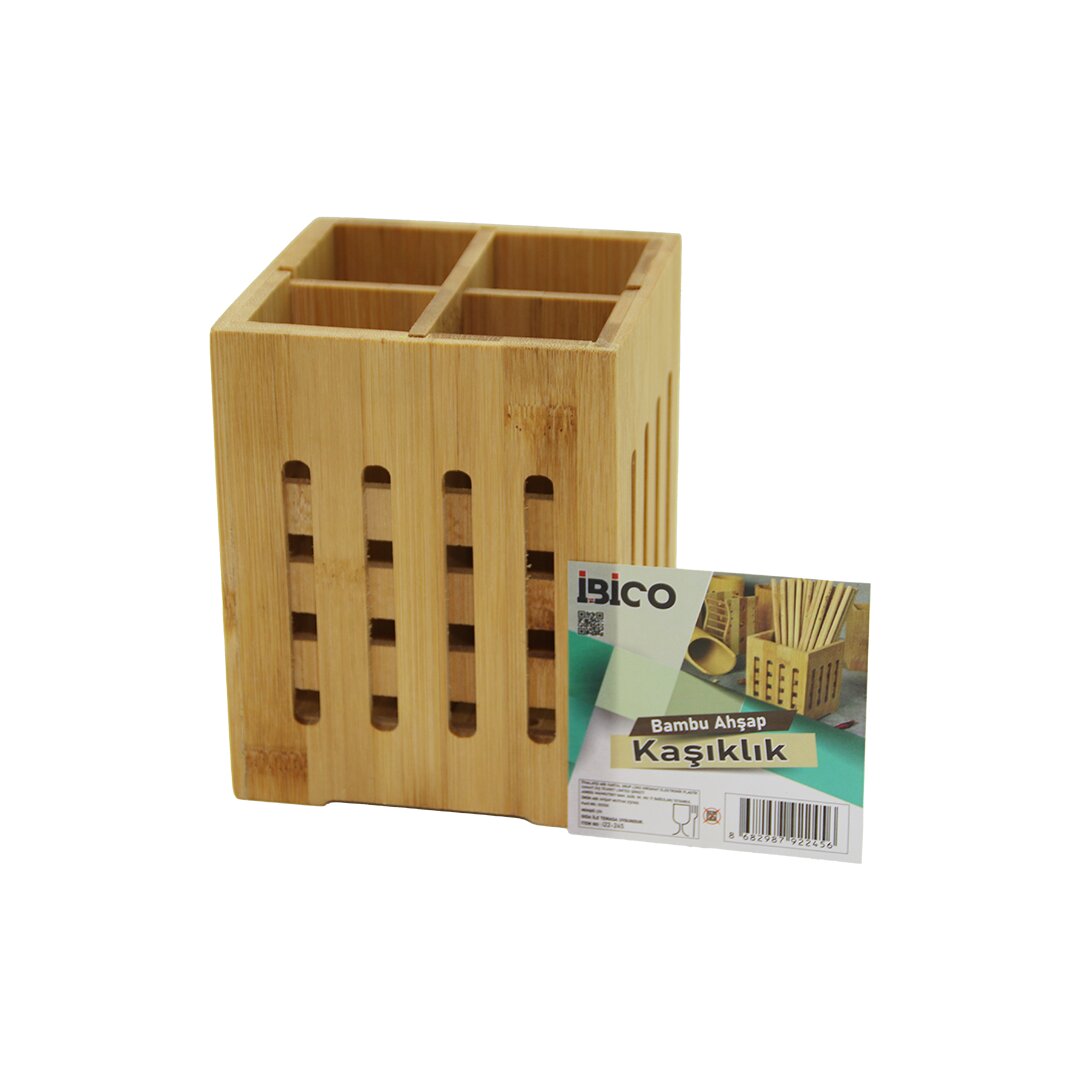 4 BÖLMELİ BÜYÜK - PENCERELİ KARE=11X11CM AHŞAP BAMBU KAŞIKLIK ORGANİZER
