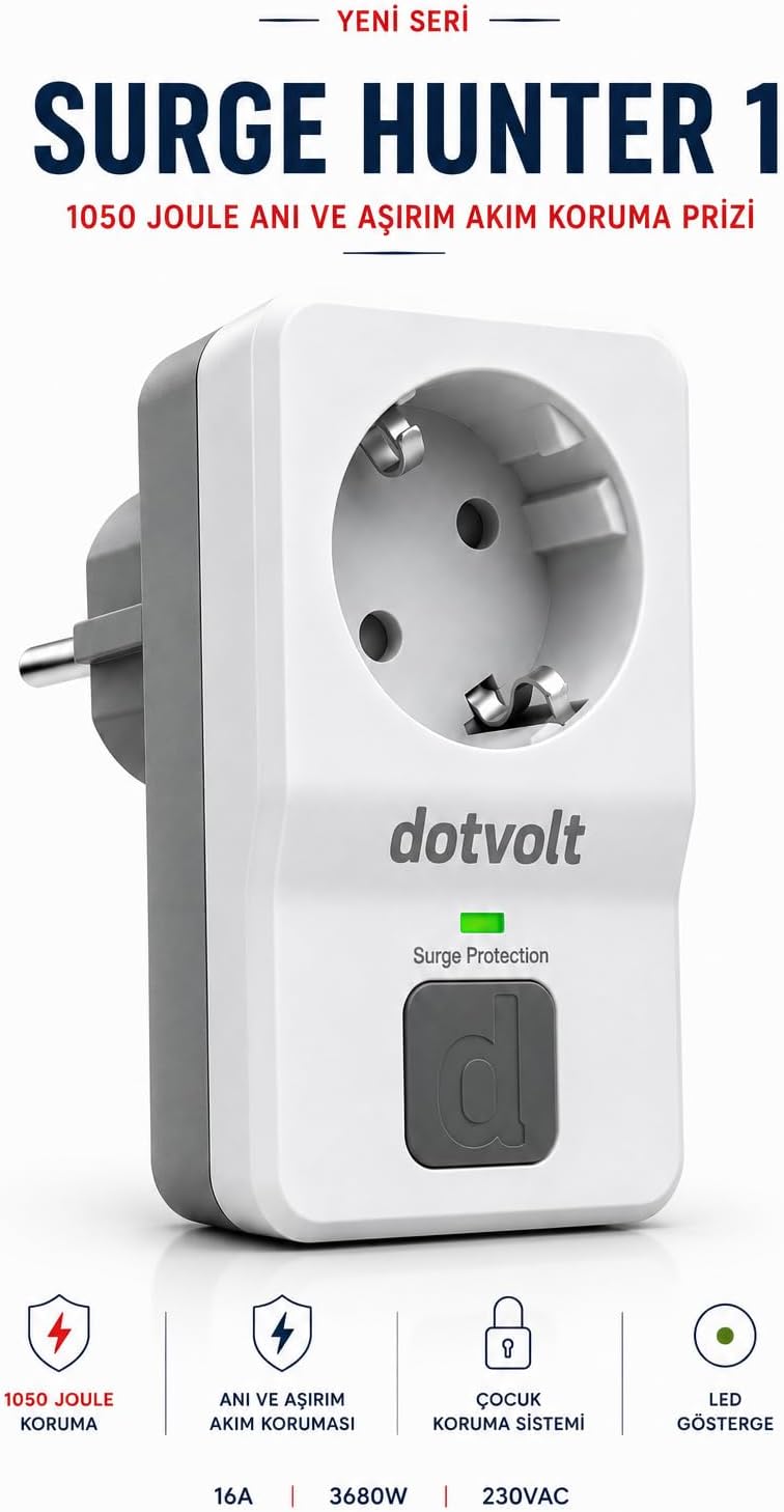 Dotvolt 1050 Joule Akım Korumalı Tekli Topraklı Priz, Aşırı ve Ani Gerilim Koruyucu, 16A 3680W, Yıldırım Etkilerine Karşı Koruma