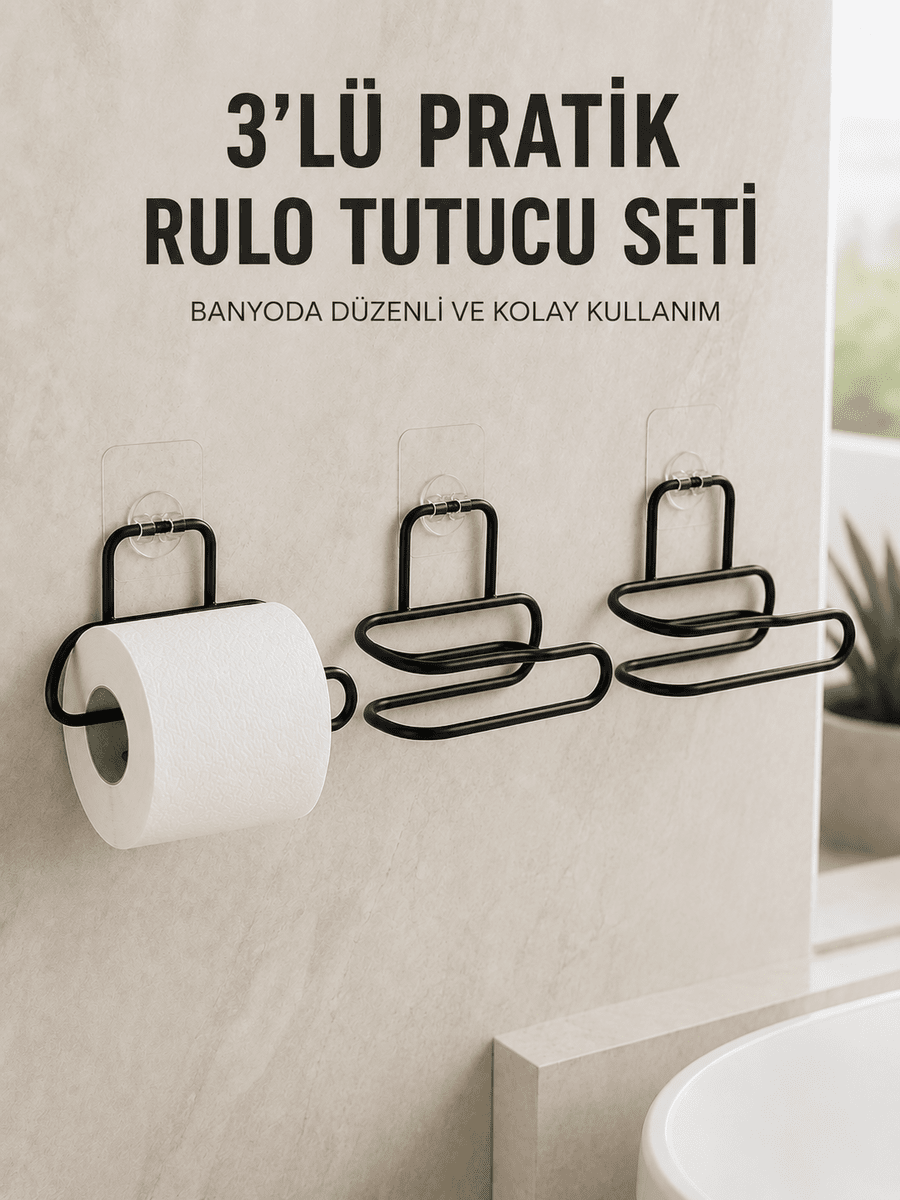 3’lü Yapışkanlı Tuvalet Kağıdı Tutucu Seti Siyah Duvar Tipi Rulo Kağıtlık
