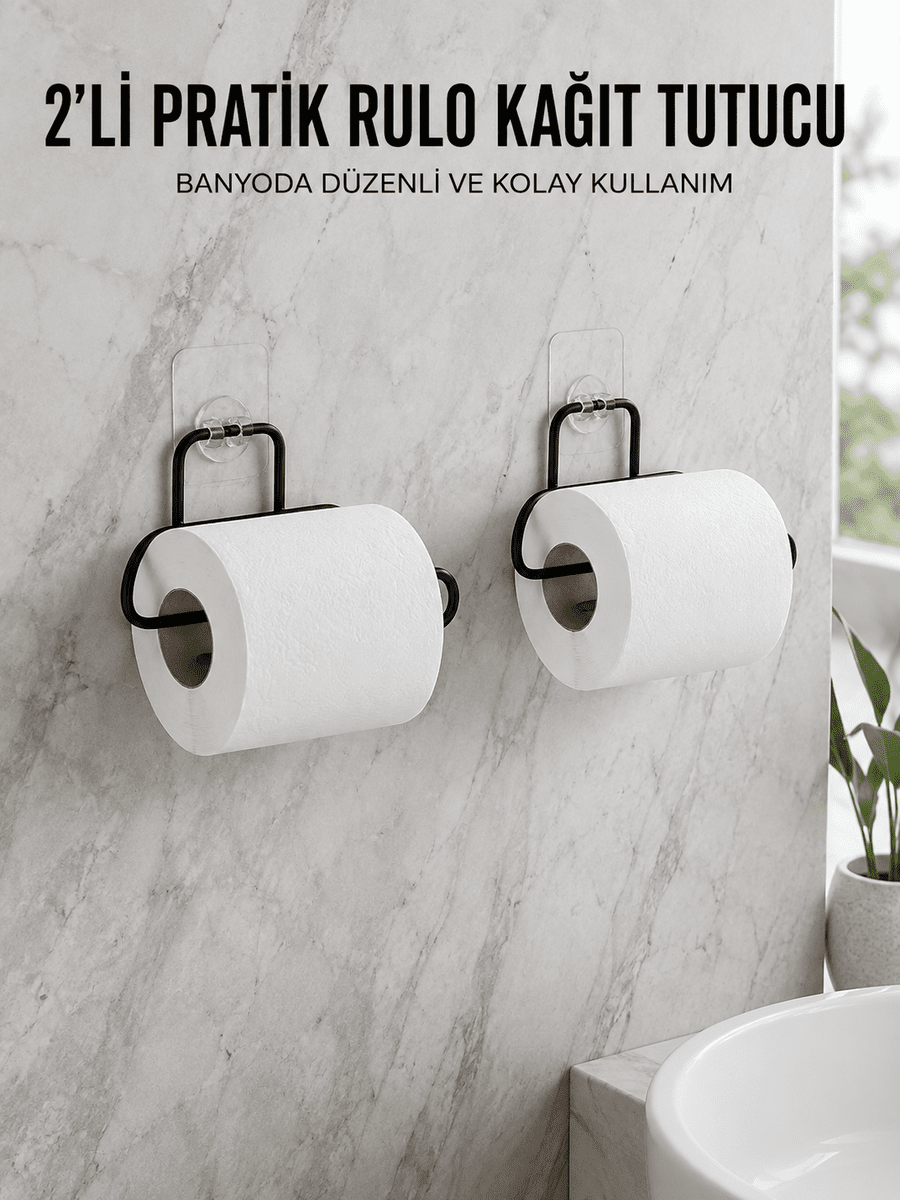 2 Adet Siyah Yapışkanlı Kağıtlık Duvar Tipi Tuvalet Kağıdı ve Rulo Tutucu