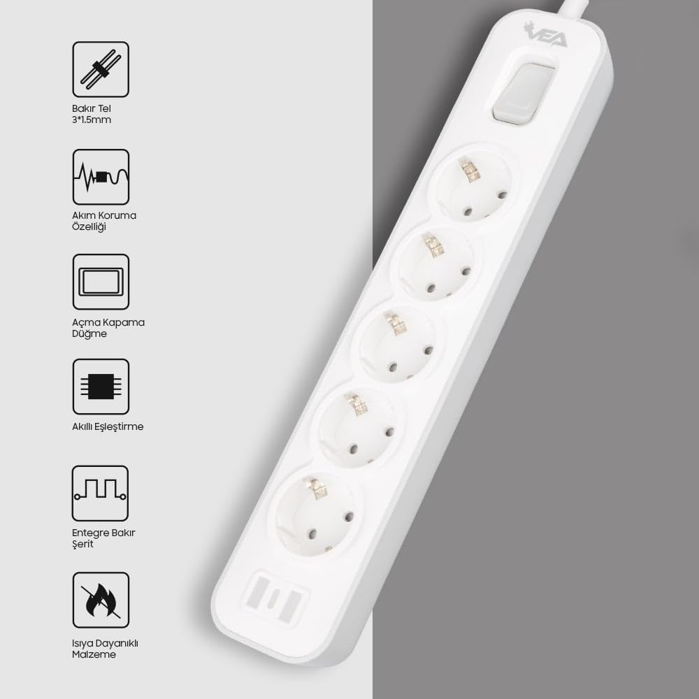 Vea VE-NOVA105 A Class 5'li Anahtarlı 1.5 Metre Akım Korumalı Priz, 4000w 16A, Bakır Kablo