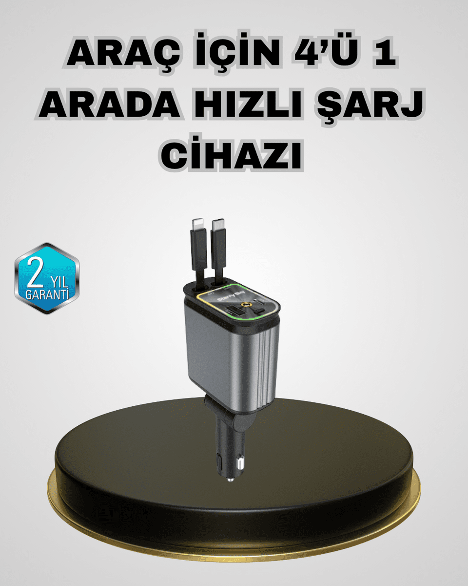 Araç Şarj Adaptörü 66W PD QC Hızlı Şarjlı ve Çekilebilir Kablolu